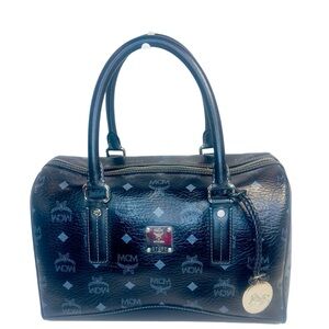 MCM Black & Blue Visetos Boston Bag| Silver Hardware| Charm-Dust Bag| Excellent
